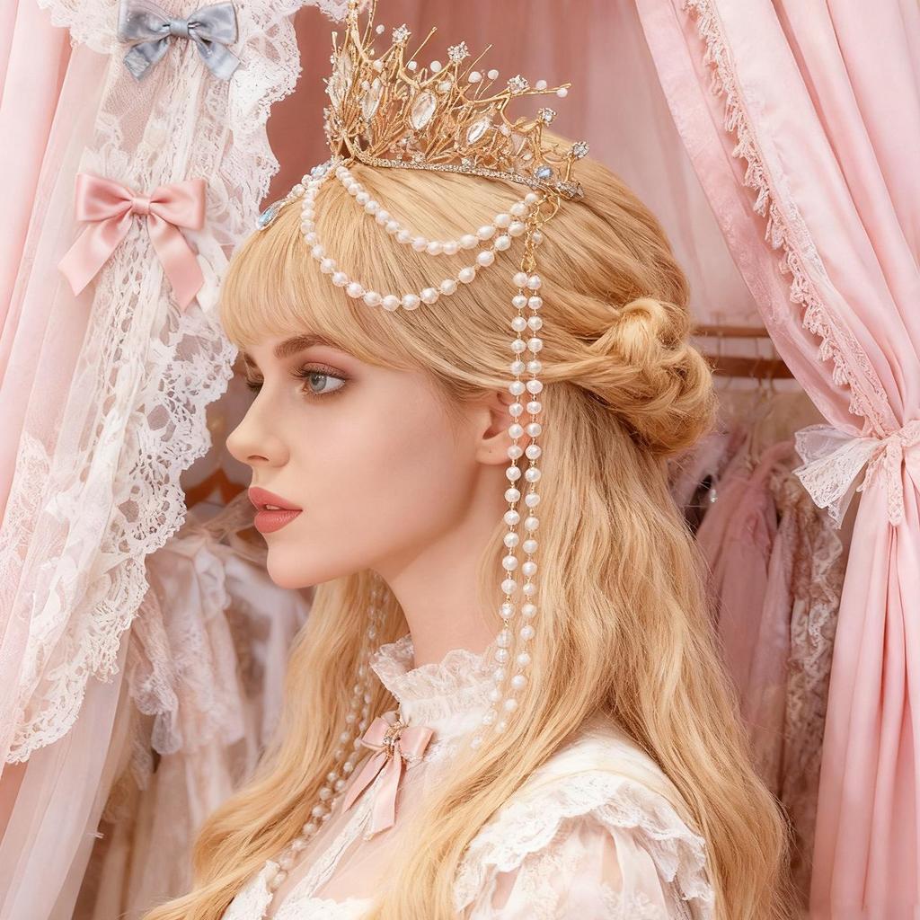 Exotic Princess Palace-Style Gold Crown with Tassels and Forehead Chain for Travel Photography