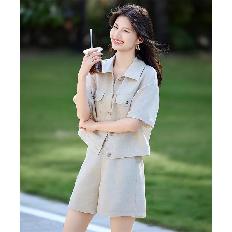 Shangjing Workwear Style Tencel Linen Shirt & Shorts Set