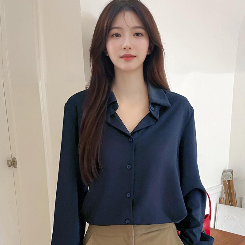 

Минималистская рубашка для женщин на весну и осень, воротник поло, ленивый стиль, профессиональная универсальная рубашка для поездок на работу, однотонная рубашка, блузки и рубашки M тёмно-синий