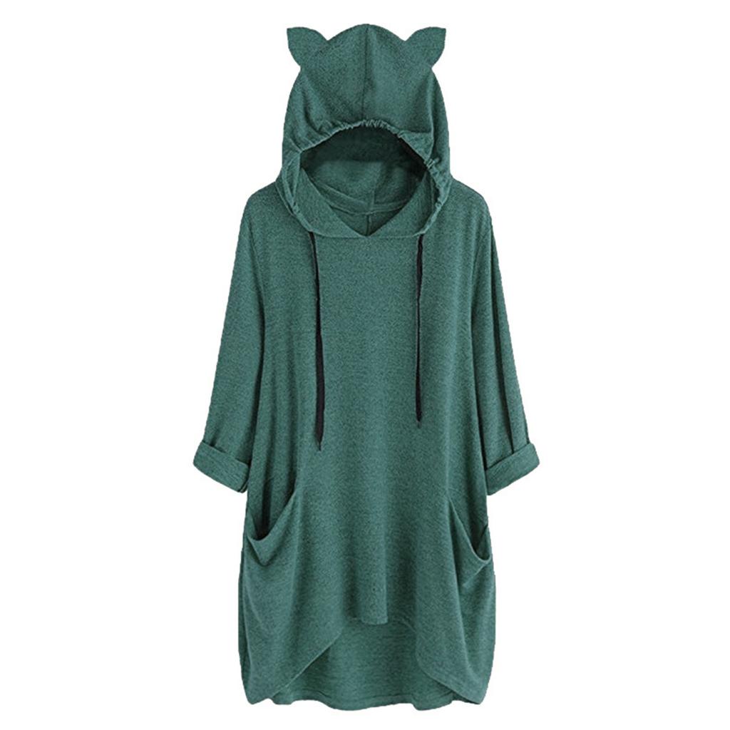 Women's Fashionable Solid Color Long Sleeved Pocket Long Loose Pullover Top