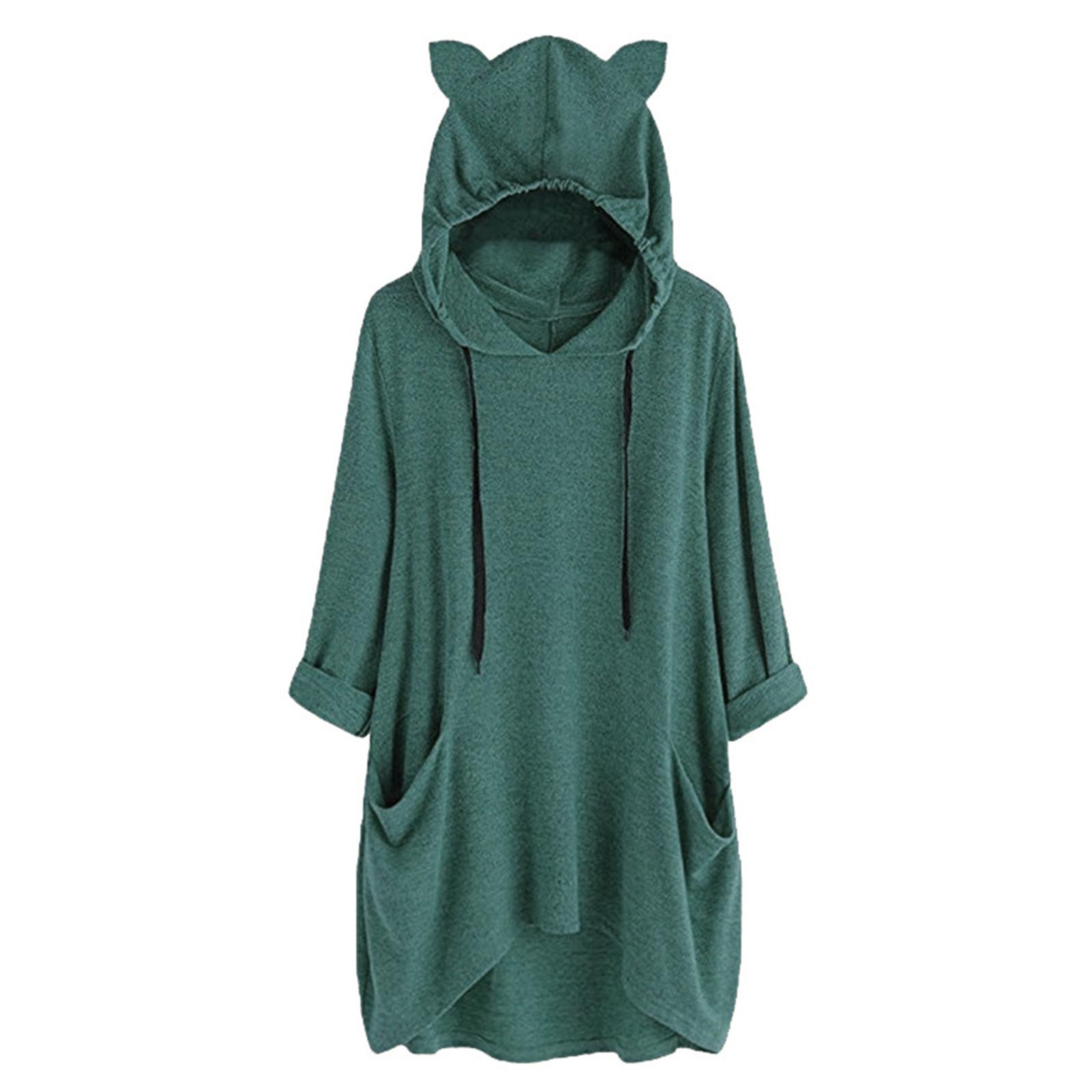 

Women s Fashionable Solid Color Long Sleeved Pocket Long Loose Pullover Top S зелёный