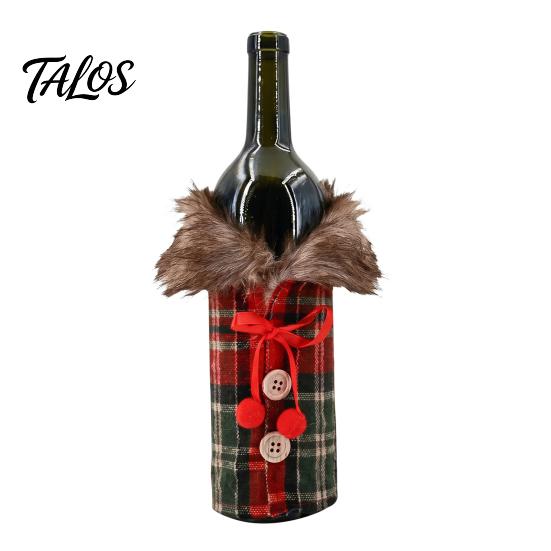 Reusable Wine Bottle Decorations Christmas Sweater Cover, Faux Fur Collar And Button Covers Coat Design Plaid Clothes for Party Decoration Holiday