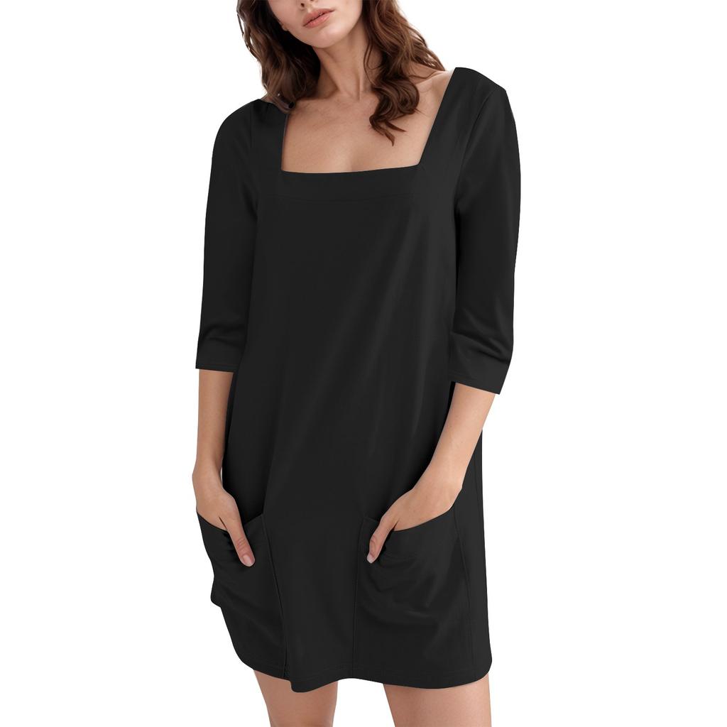 Women's Fashion Casual Solid Color Square Neck 3/4 Sleeve Short Dress