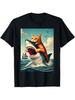 Men'S Single-Piece Round Neck T-Shirt Featuring a Humorous Orange Cat Biting a Shark Design, Suitabl