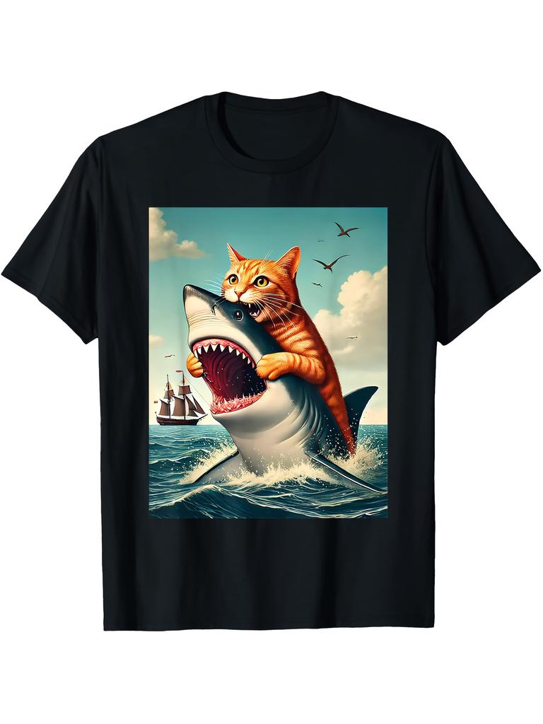 Men'S Single-Piece Round Neck T-Shirt Featuring a Humorous Orange Cat Biting a Shark Design, Suitabl