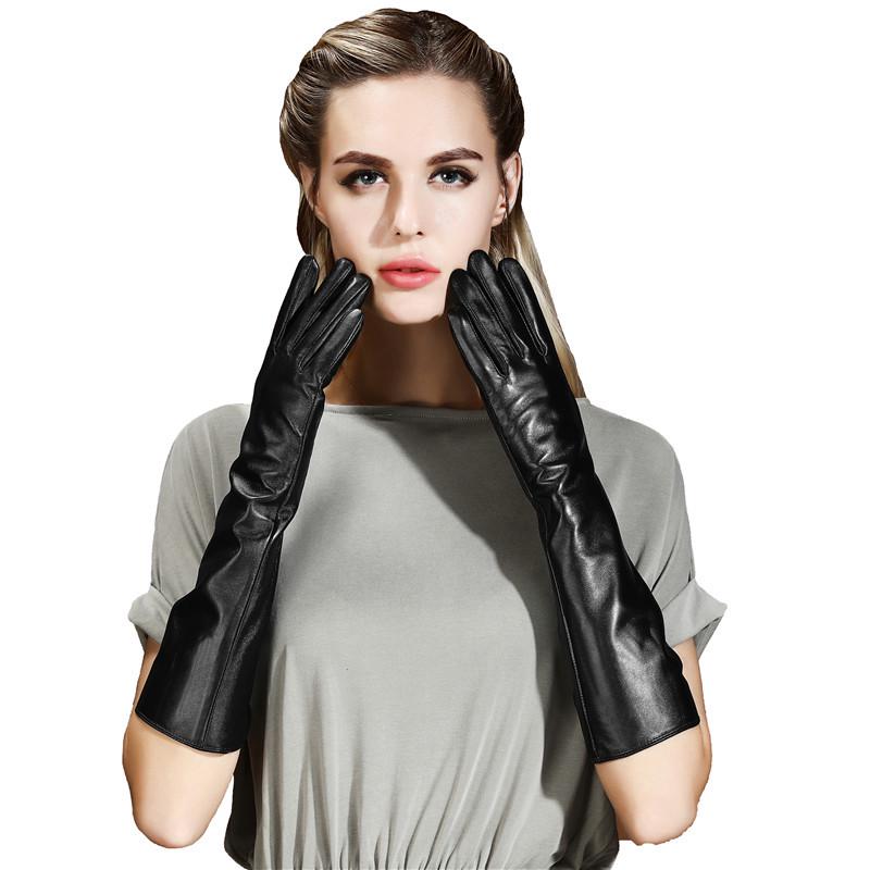 Women's 40cm Long Leather Touchscreen Gloves, Sheepskin Velvet Arm Warmers