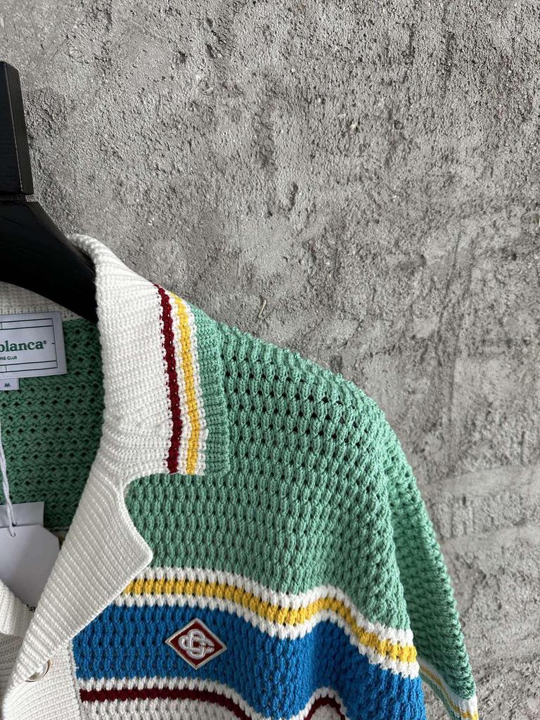 Auf Lager CASABLANCA Handgestrickter gestreifter Pullover-Cardigan aus reiner Baumwolle