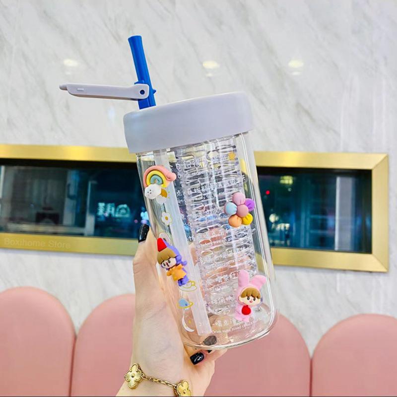 550 ML New Glass Water Bottles With Straw Tea Infuser Filter Clear Cute Flower Tea Water Separation Bottle For Girls School Cups