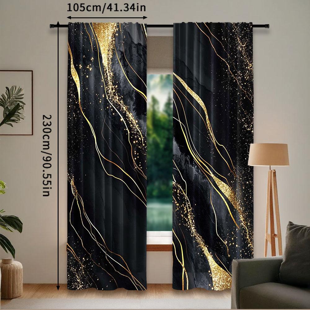 2Pcs Black Gold Marble Window Curtains Suitable For Bedroom Bathroom Living Room Window Drapes Gold Modern Design Art