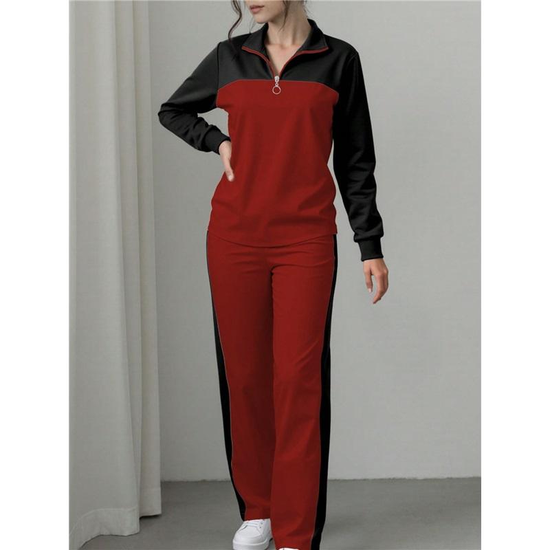 Women 2 Piece Tracksuit Color Block Half Zip Sweatshirt & Wide Leg Pants Set Casual Knit Loungewear Outfit