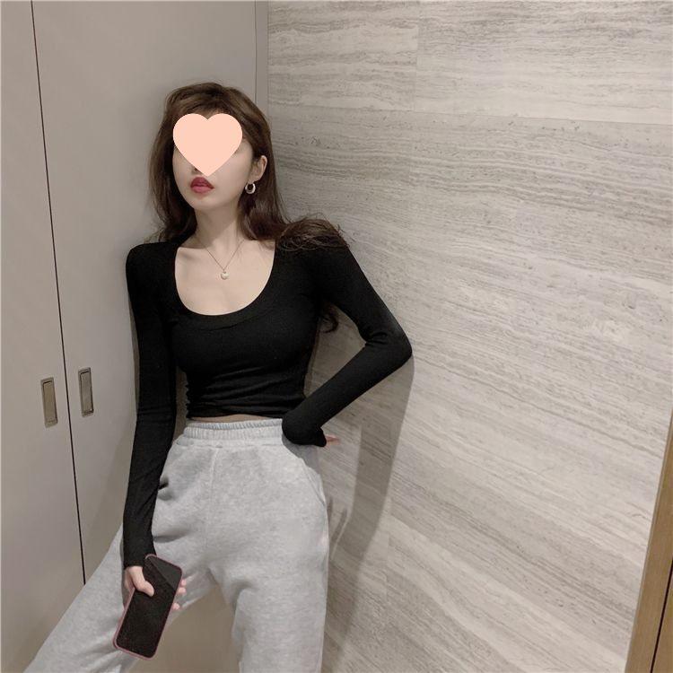 Korean Style U-Neck Ribbed Innerwear Slim-Fit Long/Short Sleeve Women's T-Shirt for Spring/Summer