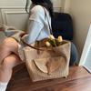 Yogodlns Women's Woven Straw Tote Bag Leather Patchwork Decor Large Capacity Casual Daily Beach Vacation Shoulder Handbag
