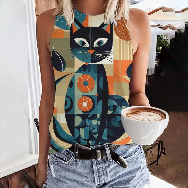 Summer Funny Face Cat 3D Print Tank Tops Women Fashion Streetwear Oversized O-Neck Oest Off Shoulder Sleeveless Woman Camisole