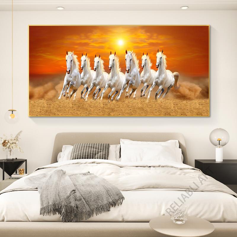 Seven Horses Running In Sand Canvas Painting Wall Art Sunrise Horse Group Posters and Prints for Living Room Wall Decor Cuadros
