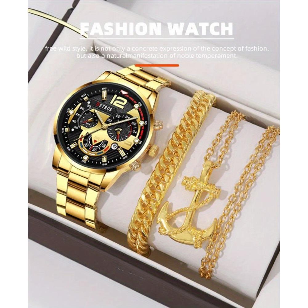 3pcs/set, Fashion Men's Business Watch, Casual Stainless Steel Quartz Wristwatch, Golden Necklace, Bracelet and Wristwatches Set