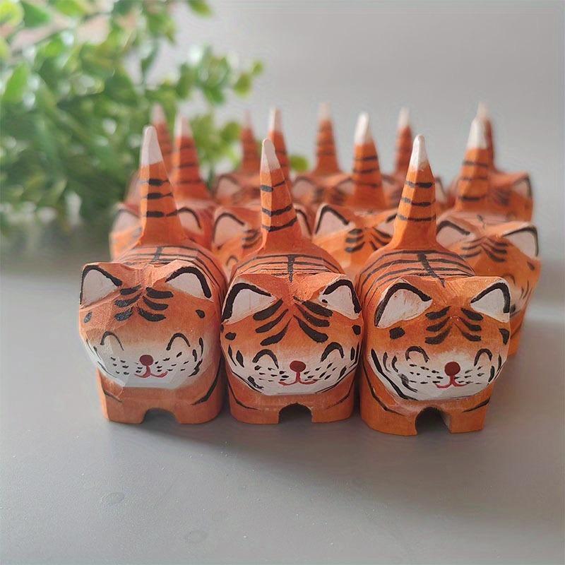 Pure Solid Wood Tiger Carving, Handmade Adorable Forest Scene Ornament Decoration