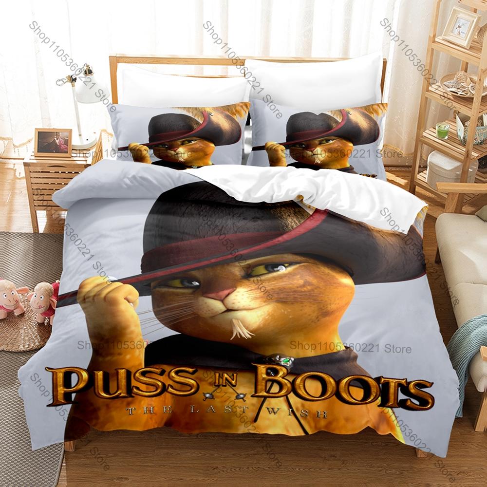 Cartoon PUSS IN BOOTS Bedding Set, Duvet Cover + 2 Pillowcases Vivid Pattern for Home Dorm Daily Use & Collection
