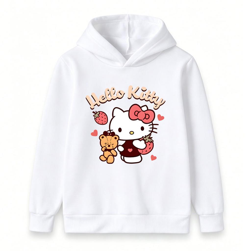 Cute Cartoon Strawberry Bear Print Kids Hoodie, Soft Casual Long Sleeve Pullover Sweatshirt for Boys Girls, Lovely Heart Pattern Daily Wear Tops for C