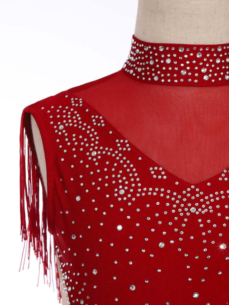 Girls Dance Costume - Shiny Rhinestone Leotard with Sheer Mesh, Invisible Back Zipper & Attached Tassel Skirt