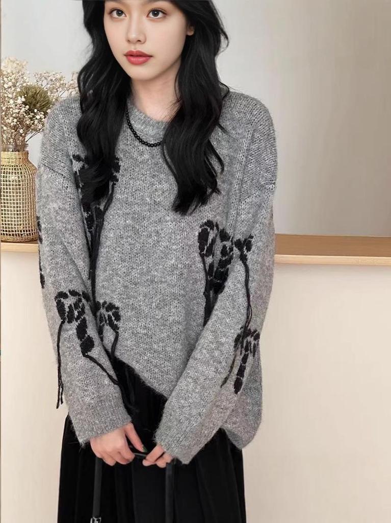 2025 Autumn/Winter Women's Loose Knit Bow Sweater with Round Neck