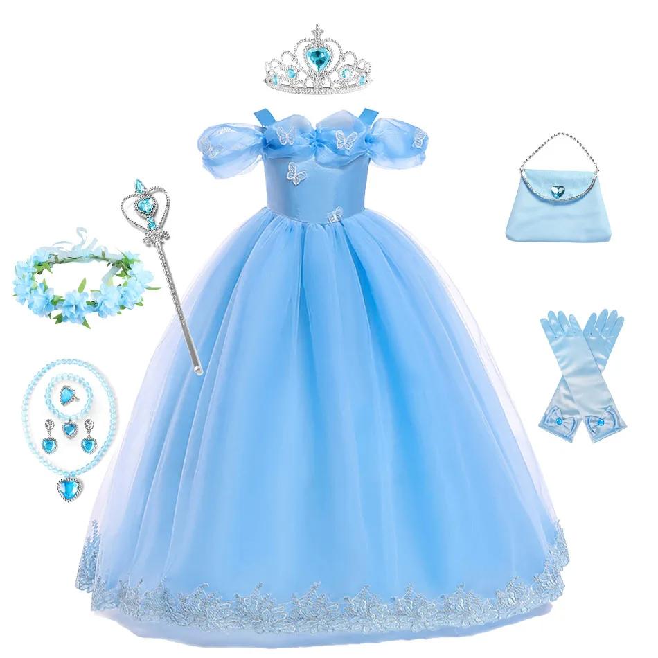 Girls New Year Blue Long Dress for Kids Christmas Birthday Party Dresses Butterfly Cinderella Cosplay Costumes Chidren Outfits