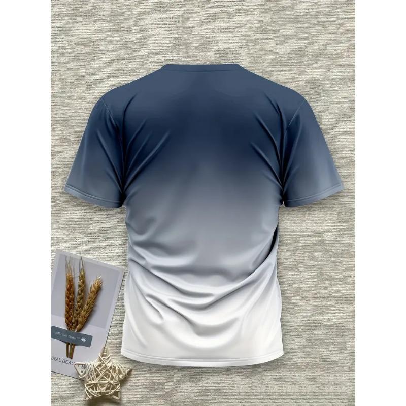 Men's 3D Gradient Solid Color Print T-shirt - Short-sleeved Breathable Polyester Round Neck Casual Streetwear Top
