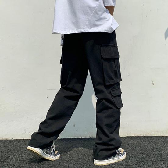 Men Cargo Pants Solid Color Hip-hop Style Loose Pattern Multi Pockets Elastic Waist Men Trousers Daily Clothes