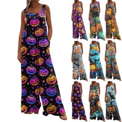 Wide Leg Overalls For Women Casual Loose Sleeveless Jumpsuits Halloween Print Button Long Pant Romper Jumpsuit With Pockets