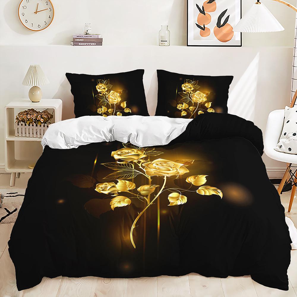 Yorgan Kılıfı Altın Kelebek Gül Dekoratif Yatak Takımı Dijital Baskı Üç Parça Set