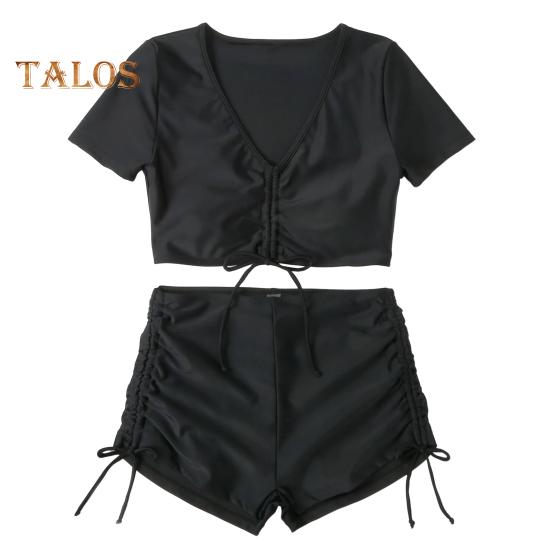 

2 шт./компл. женский летний комплект бикини с v-образным вырезом и короткими рукавами, плавки с высокой талией и шнурком, однотонный быстросохнущий купальник XL чёрный