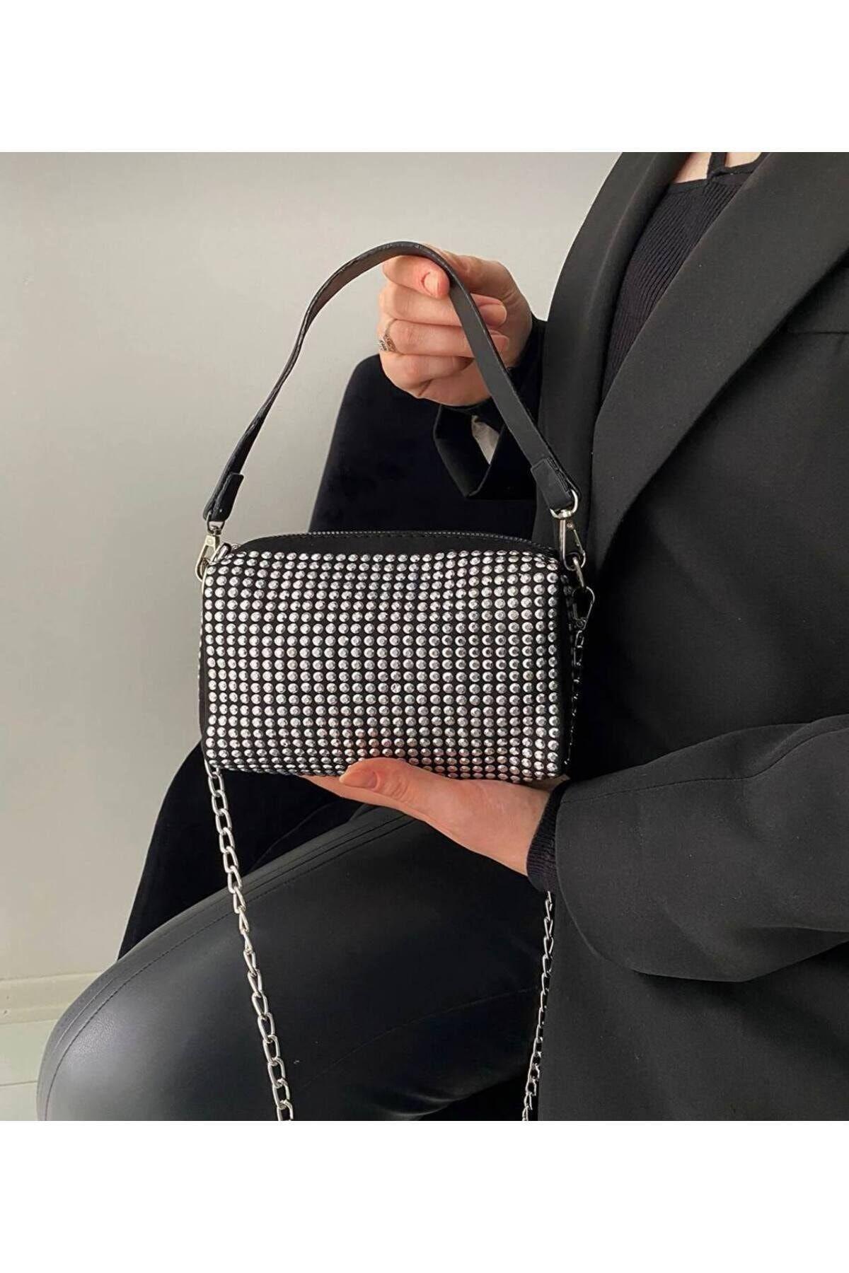 

Женская стильная и полезная вечерняя сумка на плечо с ручкой и косметичка с камнями и цепочками