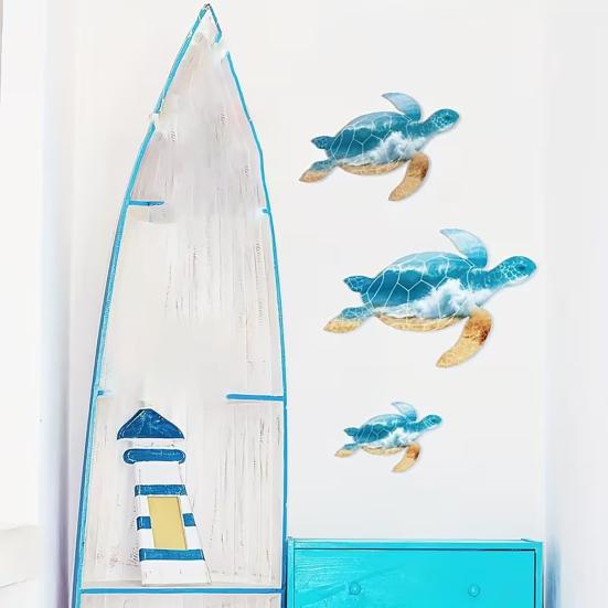 Tropical Wall Decorations 3Pcs Wooden Turtle Art, Ocean Theme Hanging Ornaments for Bathroom Room Decor Living Bedroom, Coastal Beach Style