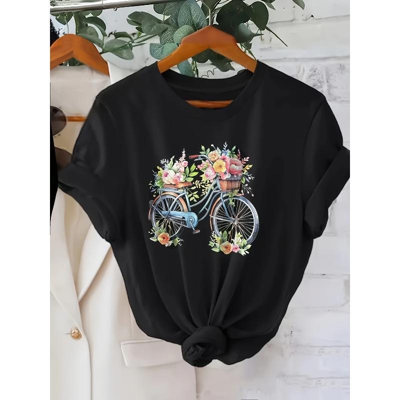 Europäische Größe Sommer Damen T-Shirt mit Fahrrad-Blumenprint, Stilvoll, Bequem und Atmungsaktiv