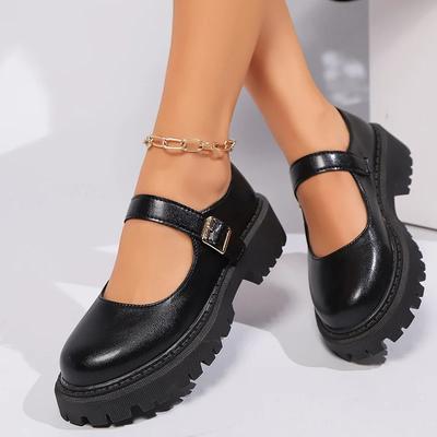 British Style Black Pu Leather Mary Jane Shoes Women Simple Round Toe Platform Pumps Woman Plus Size Thick Bottom Student Shoes