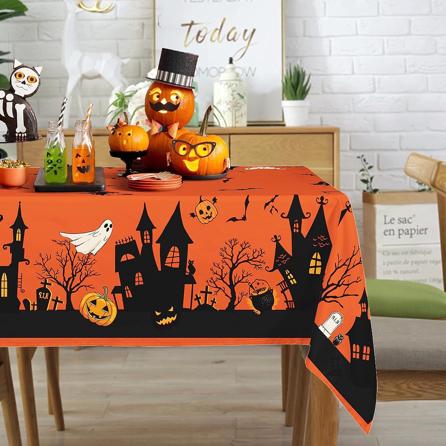Halloween Pumpkin Castle Witch Waterproof Tablecloth Party Decor Reusable Kitchen Dining Tablecloth Halloween Decorations 90x140cm