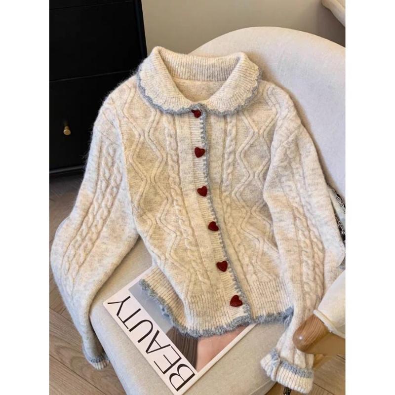Lapel Love Button Twist Sweater Cardigan for Women Autumn Winter Thickened Loose Knitted Sweater