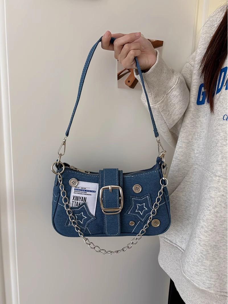 

Сумка на плечо Y2K Hot Girl в стиле ретро, джинсовая пэчворк с цепочкой - Большая вместимость синий