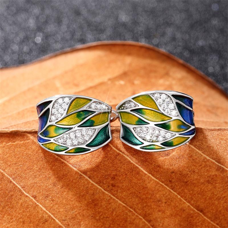 Huitan Temperament Women's Hoop Earrings for Anniversary Party Leaf Design Enamel Earrings Special-interested Jewelry