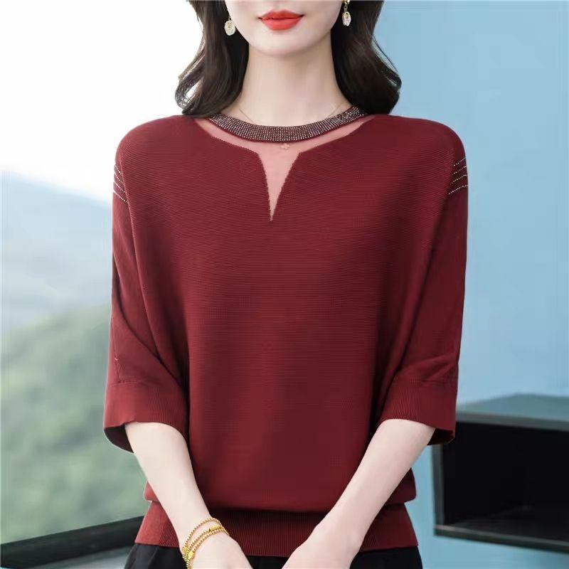 New Ice Silk Knitted Sweater with Medium Sleeves Loose Large Size Middle-aged and Elderly Women's Spring and Summer Style Top
