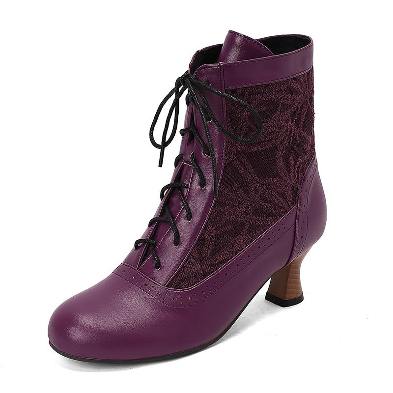 Fashion 2025 Women Victorian Pointed Toe Ankle Boots Leather Lace Hollow Out Punk Lace Up Strange Steampunk High Heel Shoes Size 34-46