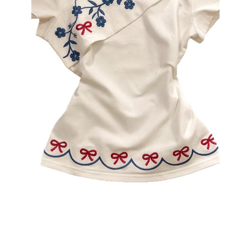 White flower embroidered slanted shoulder versatile short-sleeved T-shirt women's summer retro temperament slim-fitting waist and thin top