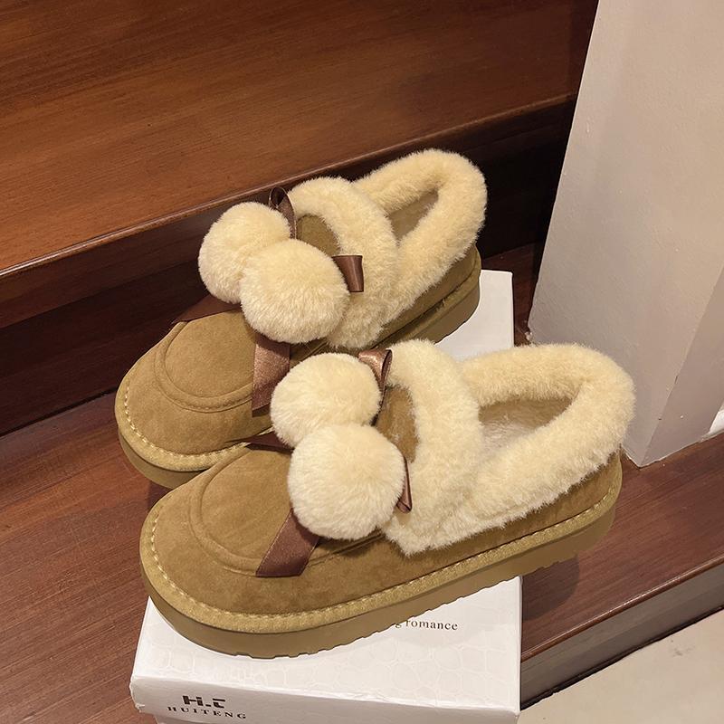 Women's Large Size Hairball Decoration Soft Sole Winter Warm Fur Snow Boots Padded Lined Ankle Boots Non-Slip Hiking Casual Sports Cotton Boots