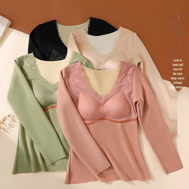 Damen Thermo-Oberteil langärmlig: Deutscher Samt, Spitze, Doppelseitig, Nahtlos mit eingebautem Brustpolster für den Herbst