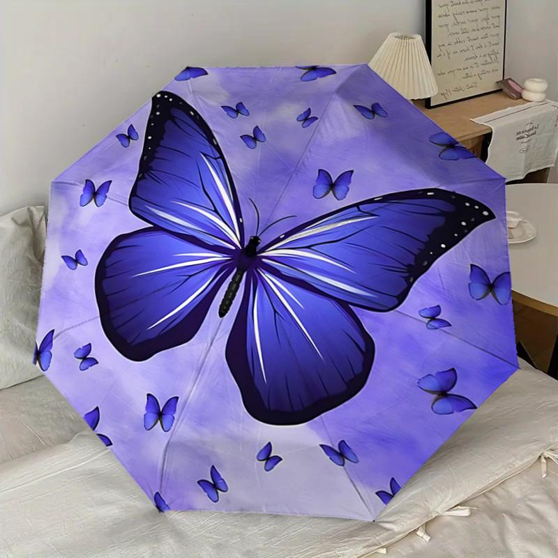 Purple Butterfly Auto Open Close Umbrella - Portable Tri-Fold Design with 8-Bone Iron Frame - - Ideal Gift for Fans, Travelers, Daily Use -