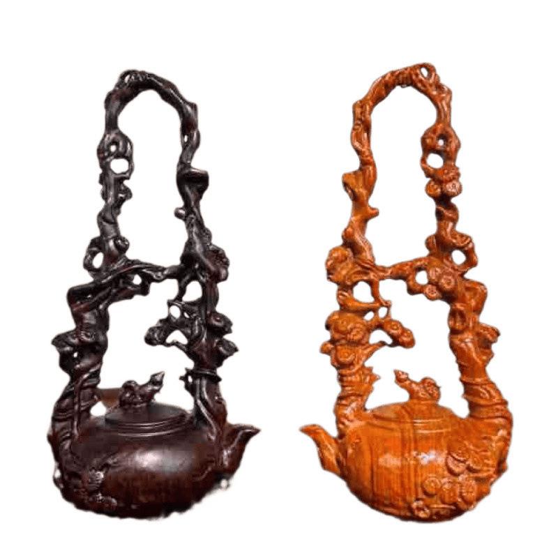 Ebony Carved Teapot Handle Ornament: Solid Wood Squirrel Shelf Display