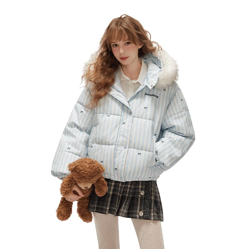 

UNIFREE Striped Bowknot Hooded Padded Jacket M