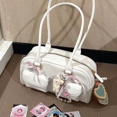 Borsa da bowling bianca retrò da donna, borsa da tasca in pelle, elegante, casual, da donna, vintage, a tracolla, estetica