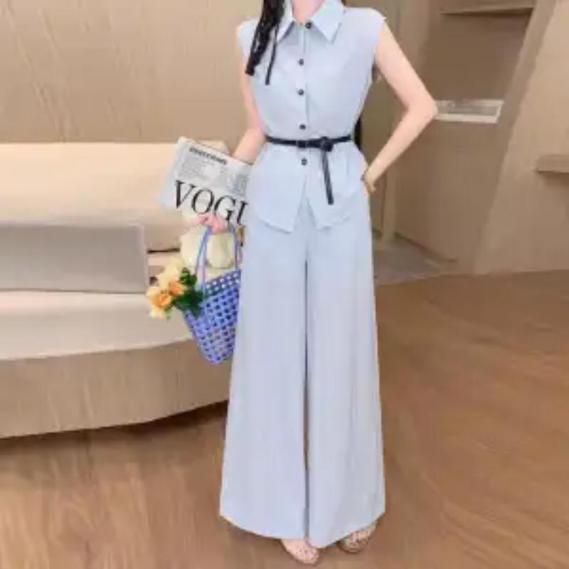 Women Summer Sleeveless Shirt Wide Leg Pants Two Piece Set White