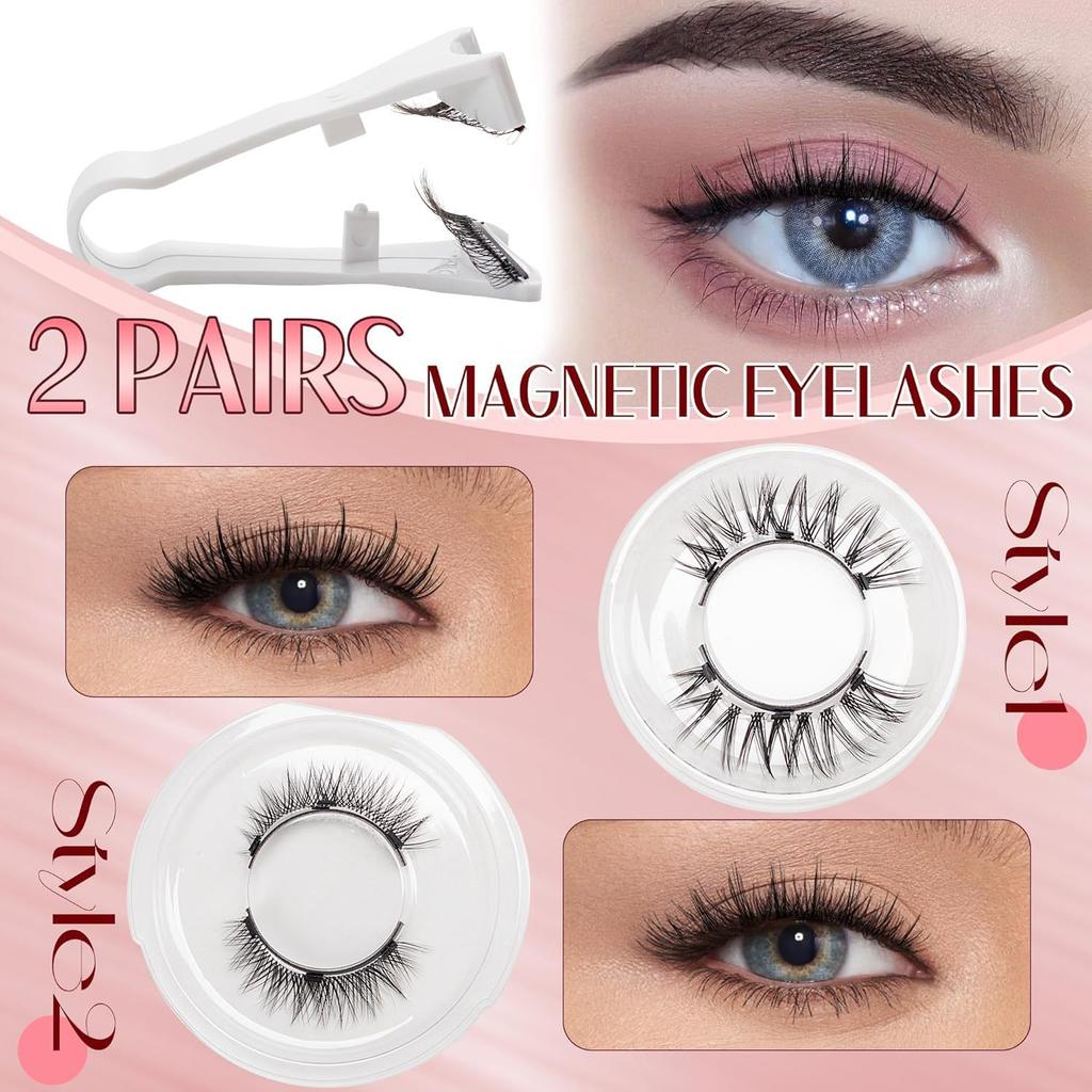 2-Pair Magnetic Eyelashes Set with Mirror Storage Box & Applicator - Natural Look, Glue-Free, Reusable, and Easy To Apply