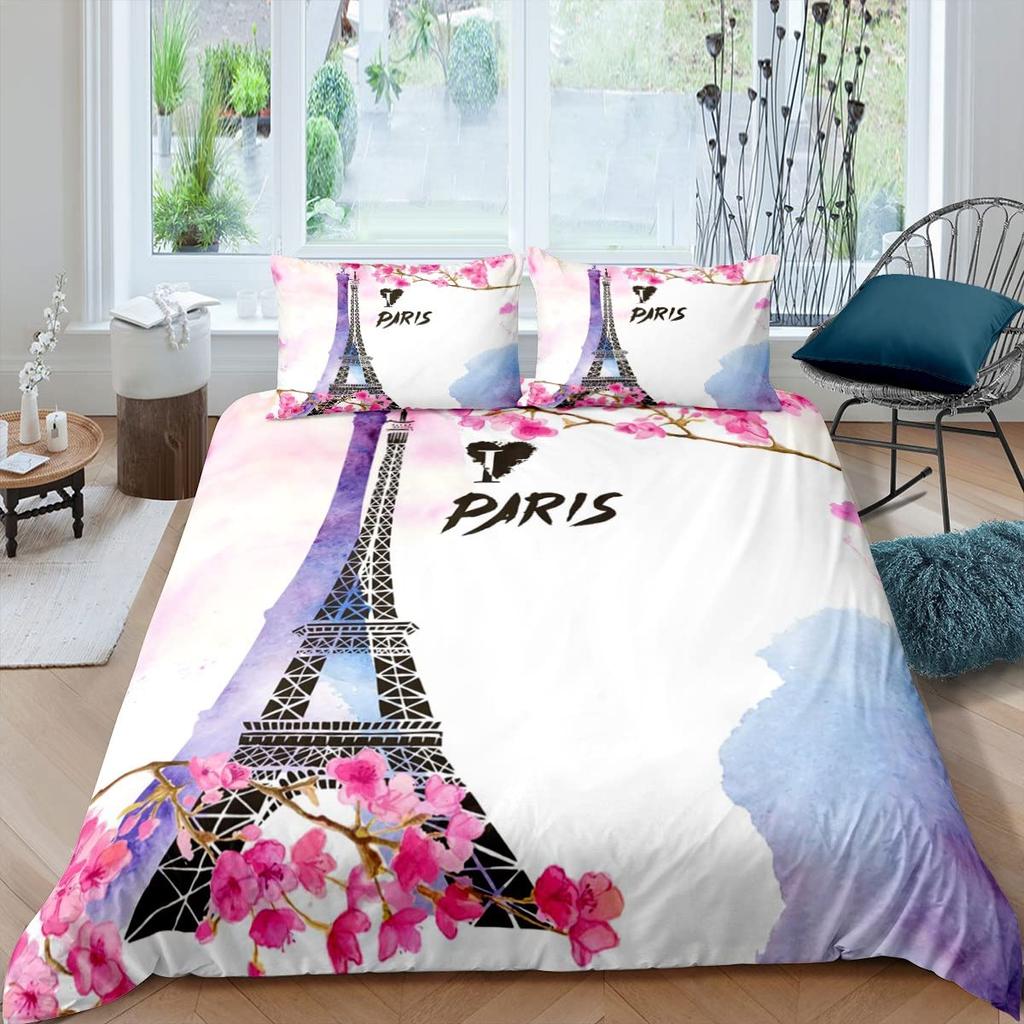 Eiffel Tower Duvet Cover Set King Size Love Heart Bedding Set Paris City Polyester Building Set For Girls France Urban Style